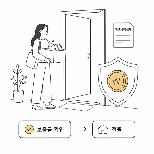 보증금을 확인한 뒤 전출해야 한다는 순서를 보여주는 임차권등기 안내 그림