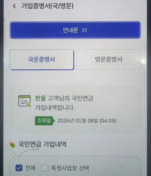 국민연금 가입증명서(국·영문) 발급 화면