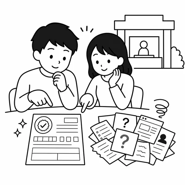 공식 혼인신고서 양식과 일반 출력물을 비교하는 부부 일러스트
