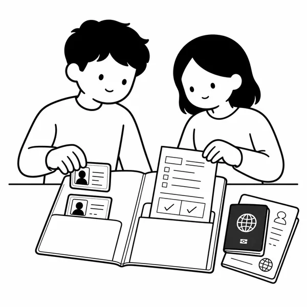 혼인신고서와 신분증, 증인 서명, 여권 서류를 챙기는 준비물 일러스트