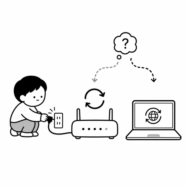 공유기 재부팅과 노트북 네트워크 갱신 과정을 나타낸 그림