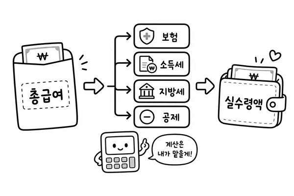 세전 월급에서 보험료와 세금이 빠지고 실수령액이 남는 계산 구조 일러스트