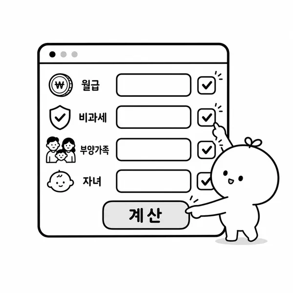월급 실수령액 계산기에 세전 월급 비과세 부양가족 자녀 수를 입력하는 체크리스트