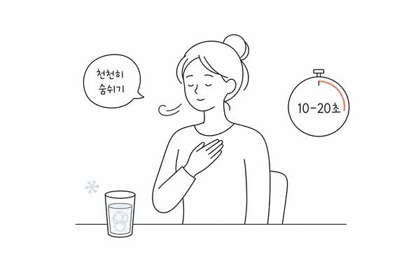 딸꾹질을 멈추기 위해 천천히 호흡하고 찬물을 준비한 사람의 단순한 선 그림