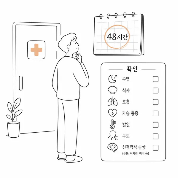 48시간 이상 딸꾹질이 지속될 때 병원 진료 기준을 확인하는 환자와 체크리스트 그림