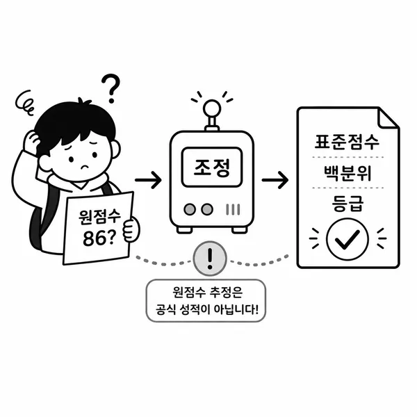 예상 원점수와 공식 성적표의 표준점수, 백분위, 등급이 다르다는 점을 보여주는 일러스트