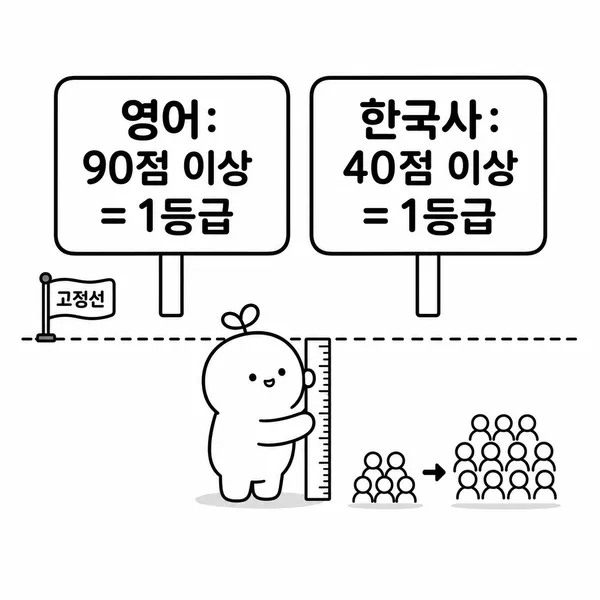 영어 90점 이상과 한국사 40점 이상이 1등급인 절대평가 기준선을 보여주는 일러스트