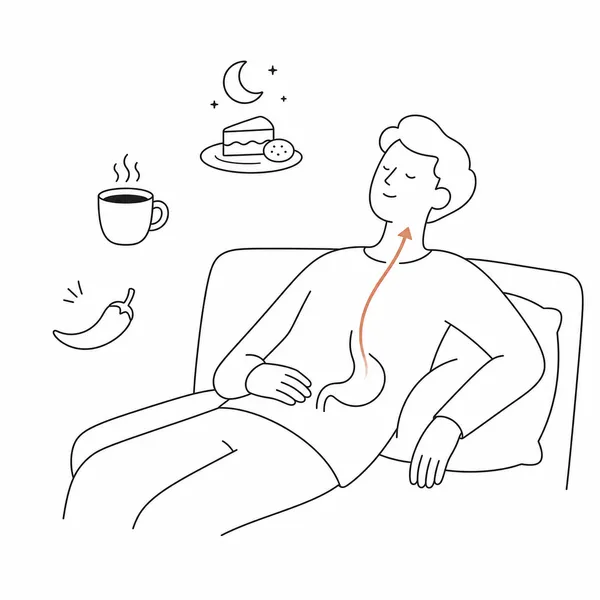 식후에 누웠을 때 위산 역류로 입안 쓴맛이 생길 수 있음을 보여주는 일러스트