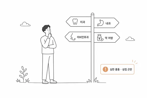 입안 쓴맛 증상에 따라 치과, 내과, 이비인후과, 약 상담을 선택하는 기준 일러스트