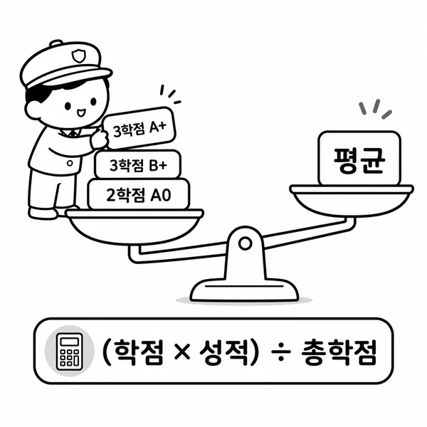 과목별 학점 블록을 저울에 올려 가중평균 공식을 설명하는 그림