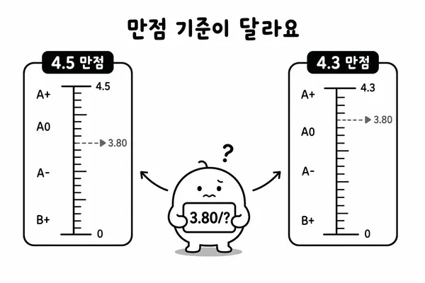 4.5 만점과 4.3 만점 학점 기준을 나란히 비교하는 저울자 그림