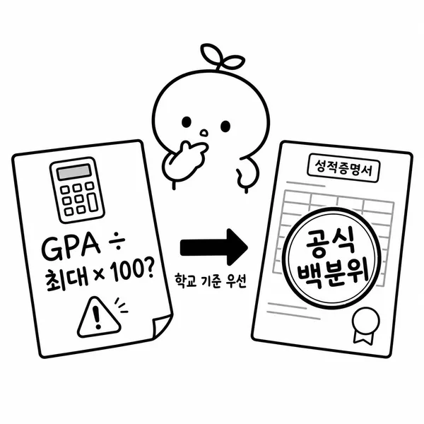 온라인 계산 결과보다 공식 성적증명서 백분위가 우선임을 보여주는 그림