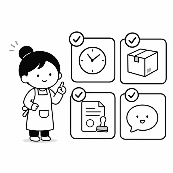 시간, 재고, 신고, 고객 문제를 체크하는 좋은 주부창업아이템 조건 일러스트