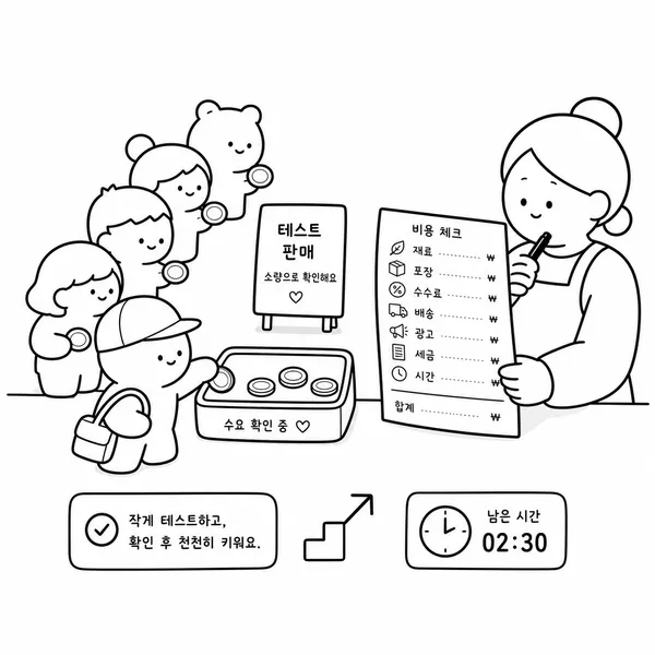 작은 결제 테스트와 비용표로 주부창업 마진을 확인하는 일러스트