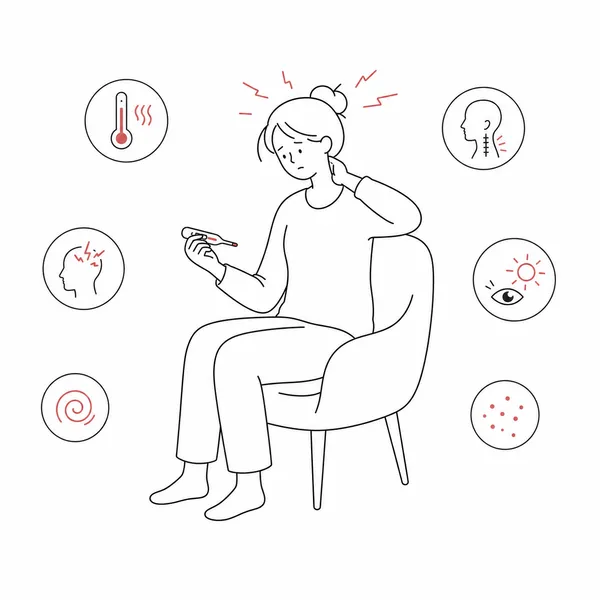 열, 두통, 목 경직, 빛 불편감 등 뇌수막염 초기 의심 증상을 보여주는 일러스트