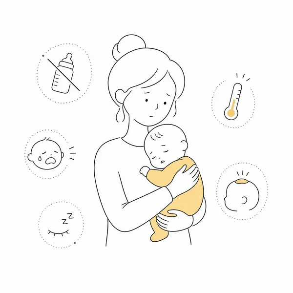 보채거나 처지고 잘 먹지 않는 영유아 뇌수막염 의심 신호를 설명하는 일러스트