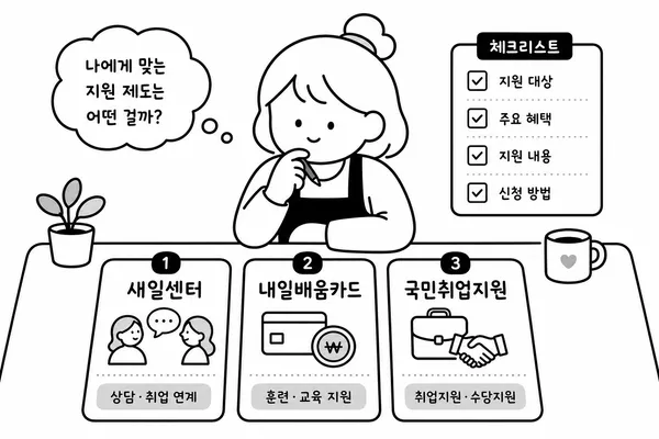 새일센터, 내일배움카드, 국민취업지원 제도를 비교하는 책상 위 카드 일러스트