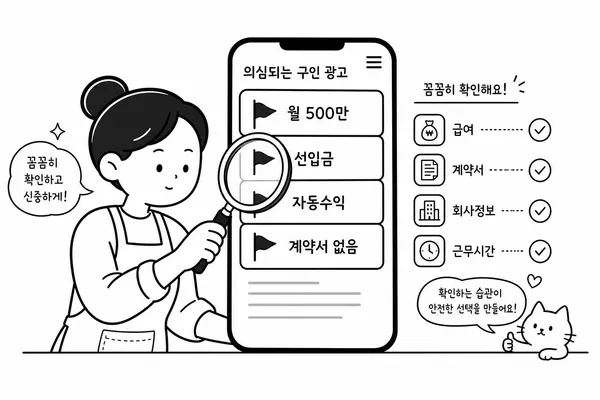 주부가 휴대폰 속 의심스러운 구인 공고를 돋보기로 확인하는 일러스트