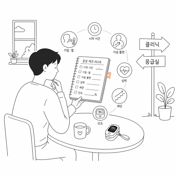 집에서 숨 답답함의 시작 시간과 기침, 흉통, 산소포화도 등을 확인하는 모습