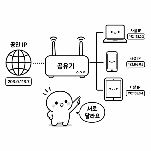 공유기를 기준으로 외부 공인 IP와 내부 사설 IP가 나뉘는 구조를 설명한 일러스트
