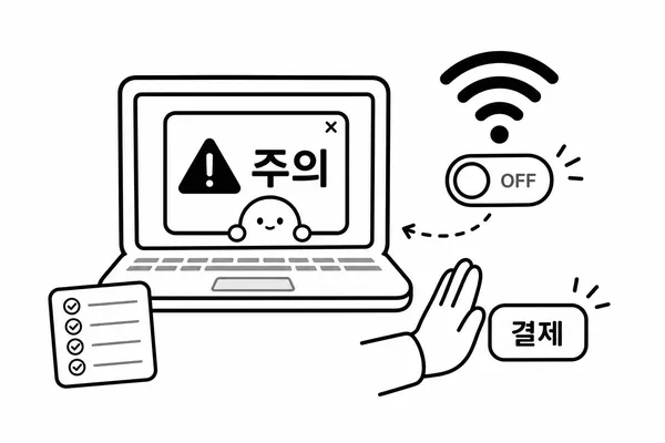 경고 팝업이 뜬 노트북과 와이파이 차단, 결제 거절, 체크리스트를 보여주는 일러스트