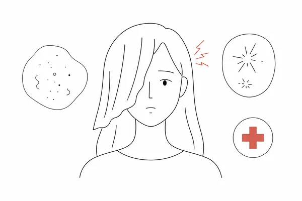 한쪽 눈 시야 가림과 번쩍임, 통증을 나타낸 응급 시야 증상 일러스트