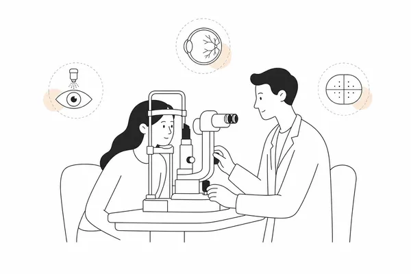 안과에서 세극등 검사와 망막 검사를 받는 장면 일러스트