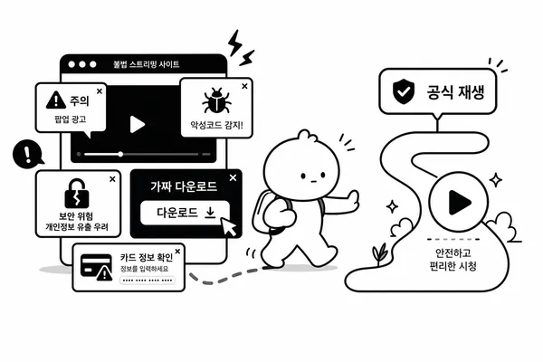 불법 무료 다시보기 사이트의 팝업 광고와 악성코드 위험을 설명하는 일러스트