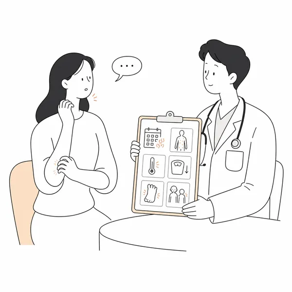 오래 지속되는 가려움과 전신 증상을 상담하는 병원 진료 장면