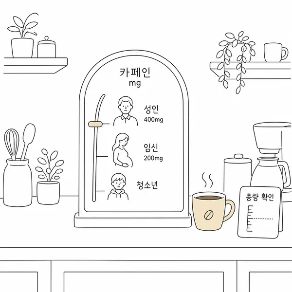 성인과 임신 중인 사람, 청소년의 하루 카페인 섭취 기준을 카페인 mg 게이지로 보여주는 그림