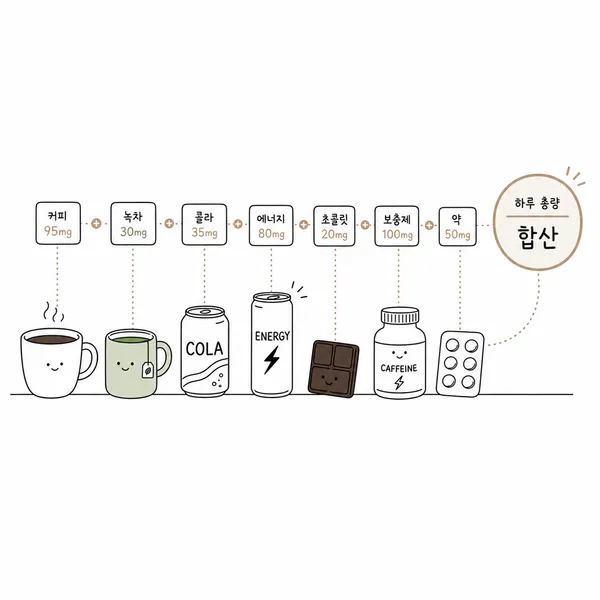 커피와 녹차, 콜라, 에너지음료, 초콜릿, 보조제, 약에 든 숨은 카페인을 모두 합산하는 그림