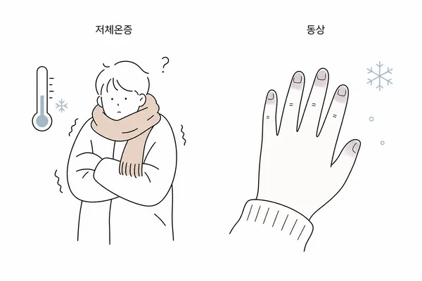 저체온증과 동상 증상을 비교한 단순 선 그림
