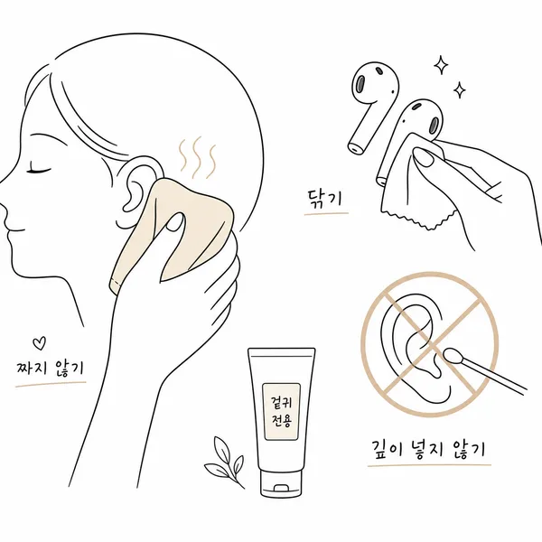 따뜻한 수건 찜질, 이어폰 청소, 면봉 사용 주의를 보여주는 귀 여드름 관리 그림