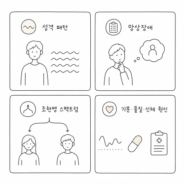 편집성 성격장애와 망상장애, 조현병 스펙트럼, 기분·물질·신체 원인을 비교한 진단 구분 그림