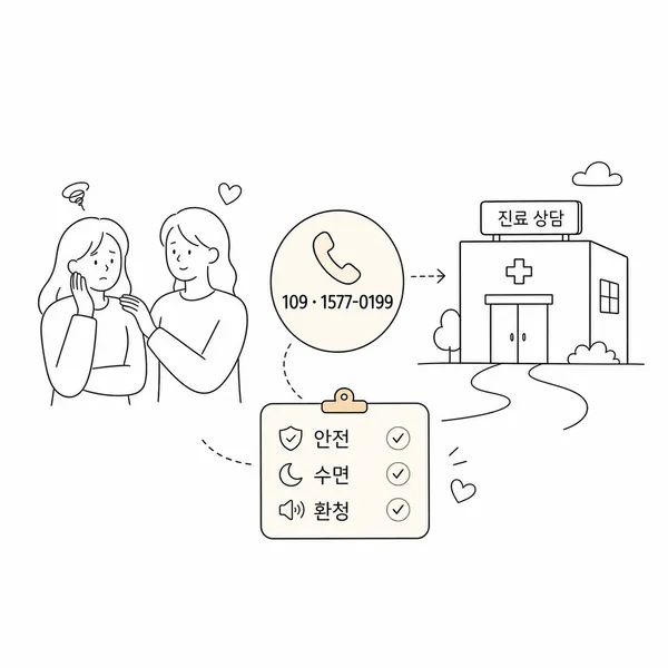 편집적 증상이 심할 때 안전과 수면, 환청, 진료 상담을 확인하는 도움 요청 경로 그림