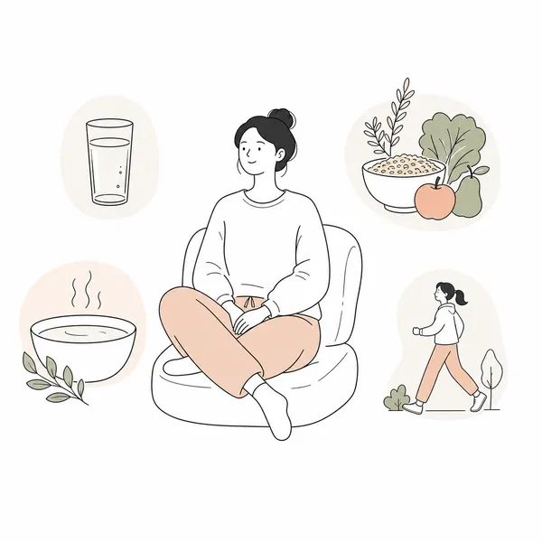 물, 식이섬유, 좌욕, 가벼운 걷기로 혈전성 외치핵을 관리하는 방법을 표현한 일러스트