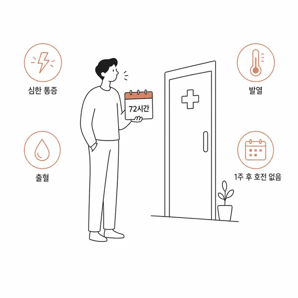 72시간 안쪽 심한 통증과 출혈, 발열, 일주일 이상 호전 없음으로 병원 진료를 판단하는 일러스트