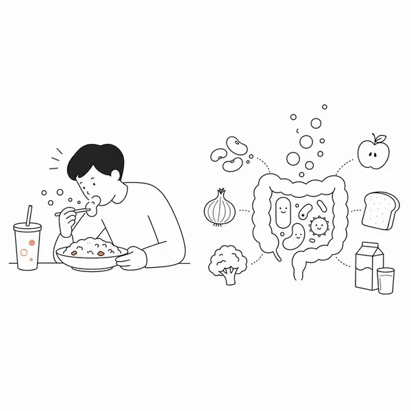 빨리 먹으면서 공기를 삼키는 습관과 장내 세균이 음식을 발효해 가스를 만드는 원인 비교 그림