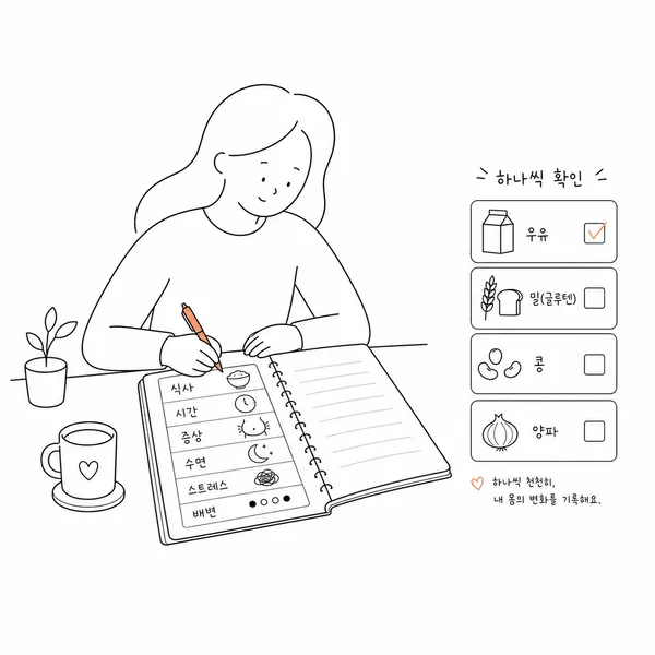 음식과 증상을 1~2주 동안 기록하며 의심 음식을 하나씩 확인하는 식사 일기 그림