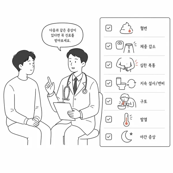 혈변 체중 감소 심한 복통 지속적인 설사와 변비 등 진료가 필요한 경고 증상을 의사와 상담하는 그림