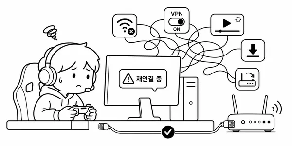 와이파이 간섭, VPN, 방송, 다운로드, 공유기 문제로 롤 재접속이 생기는 상황을 보여주는 일러스트