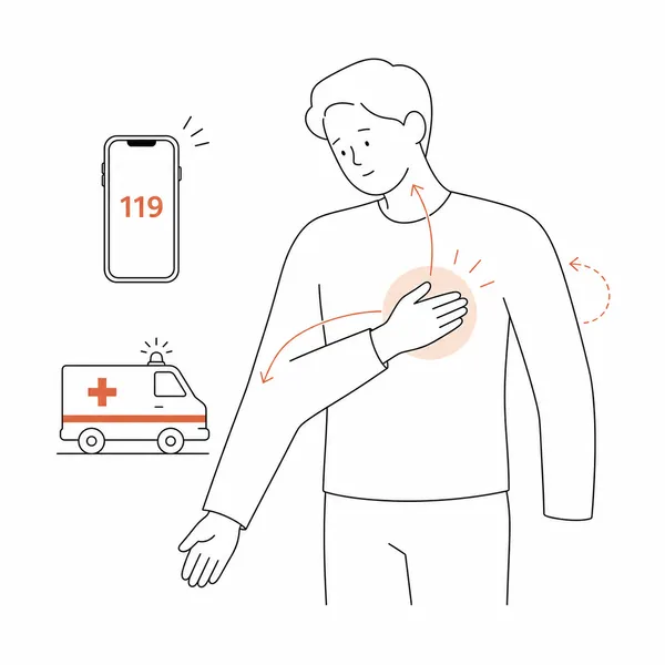 가슴 통증이 팔과 턱, 등으로 퍼질 때 119를 떠올리는 상황을 그린 의료 일러스트