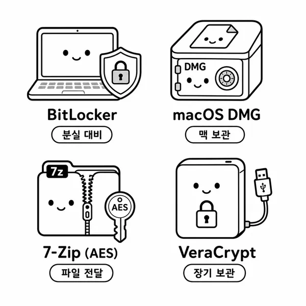 BitLocker, macOS 디스크 이미지, 7-Zip, VeraCrypt 선택 기준을 보여주는 흑백 아이콘 표