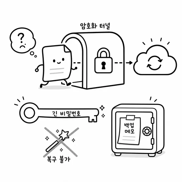 클라우드 업로드 전에 파일을 암호화하고 비밀번호 백업을 따로 보관하는 과정