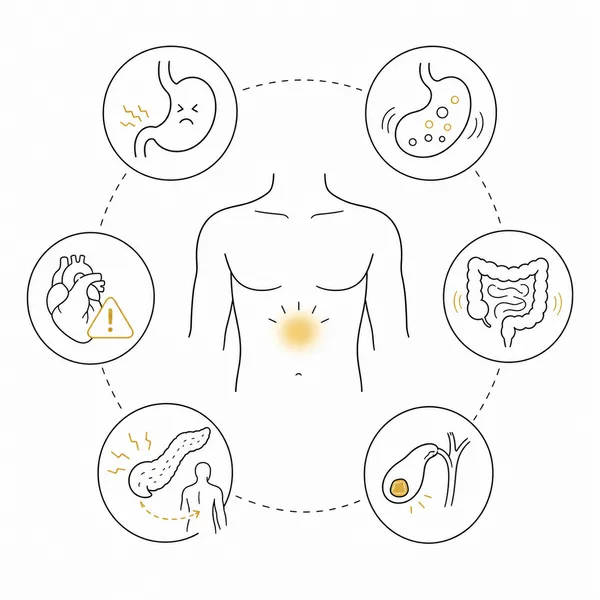 명치 통증을 일으킬 수 있는 소화불량, 위염, 담석, 췌장염, 심장 문제 원인 일러스트