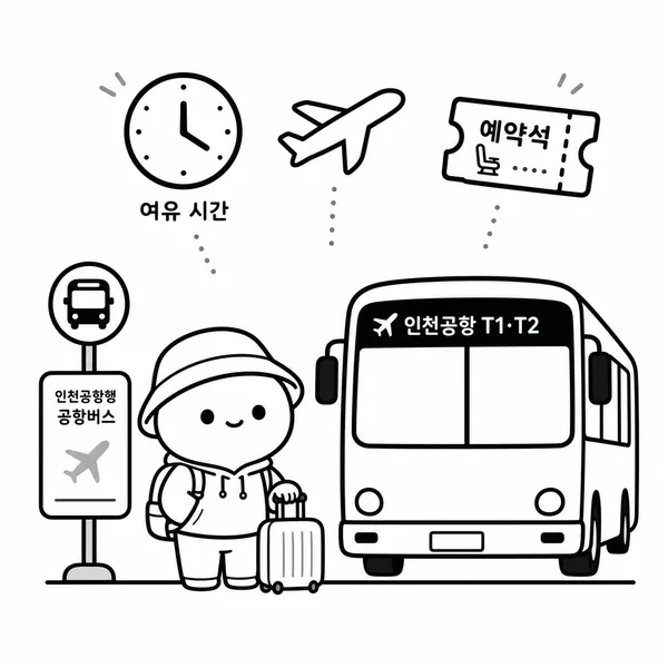인천공항버스 이용 전 여유 시간을 잡아야 한다는 안내 일러스트