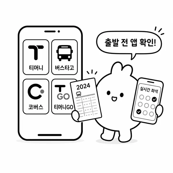 티머니 버스타고 코버스 티머니GO 앱으로 시간표를 확인하는 모습