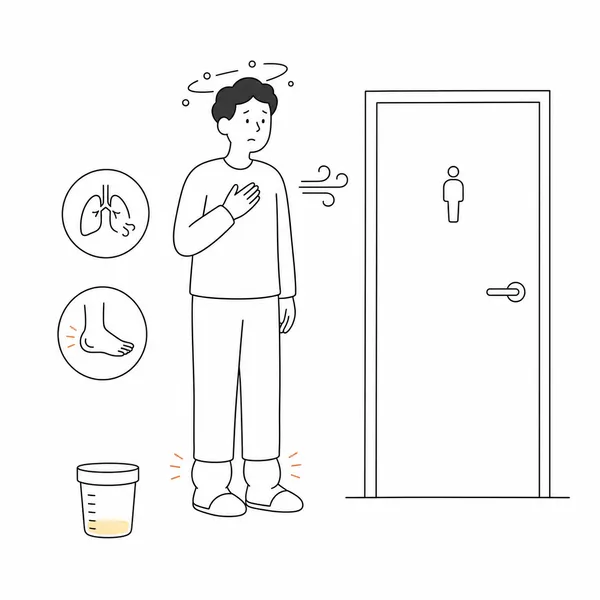 소변 감소, 부종, 숨참, 어지럼 같은 급성신부전 의심 증상을 나타낸 선 일러스트