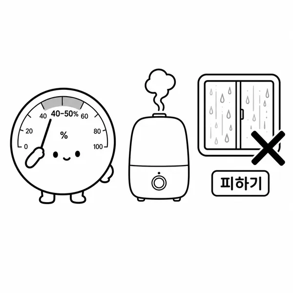 습도계가 실내 습도 40~50% 범위를 가리키고 가습기와 결로 주의 창문이 함께 있는 그림