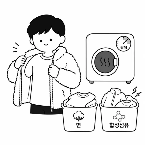 면 티셔츠와 플리스 옷 조합, 짧은 건조기 시간, 합성섬유 분리를 보여주는 정전기 예방 그림